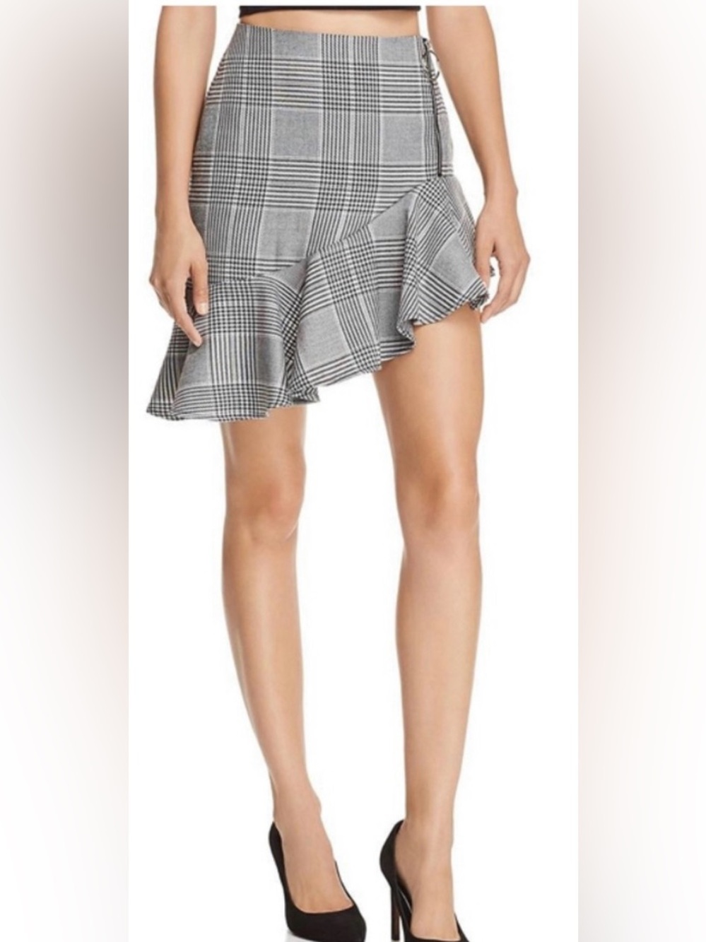 Endless Rose Asymmetrical Ruffle-Hem Plaid Mini Skirt - Black & White, size L